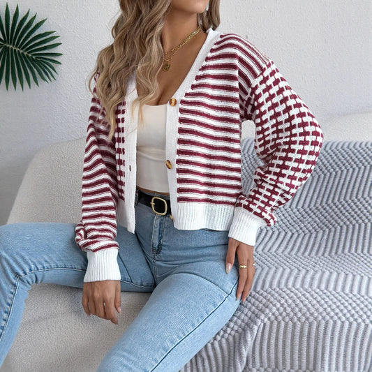 Striped Lantern Long Sleeve Cardigan Sweater Short Coat