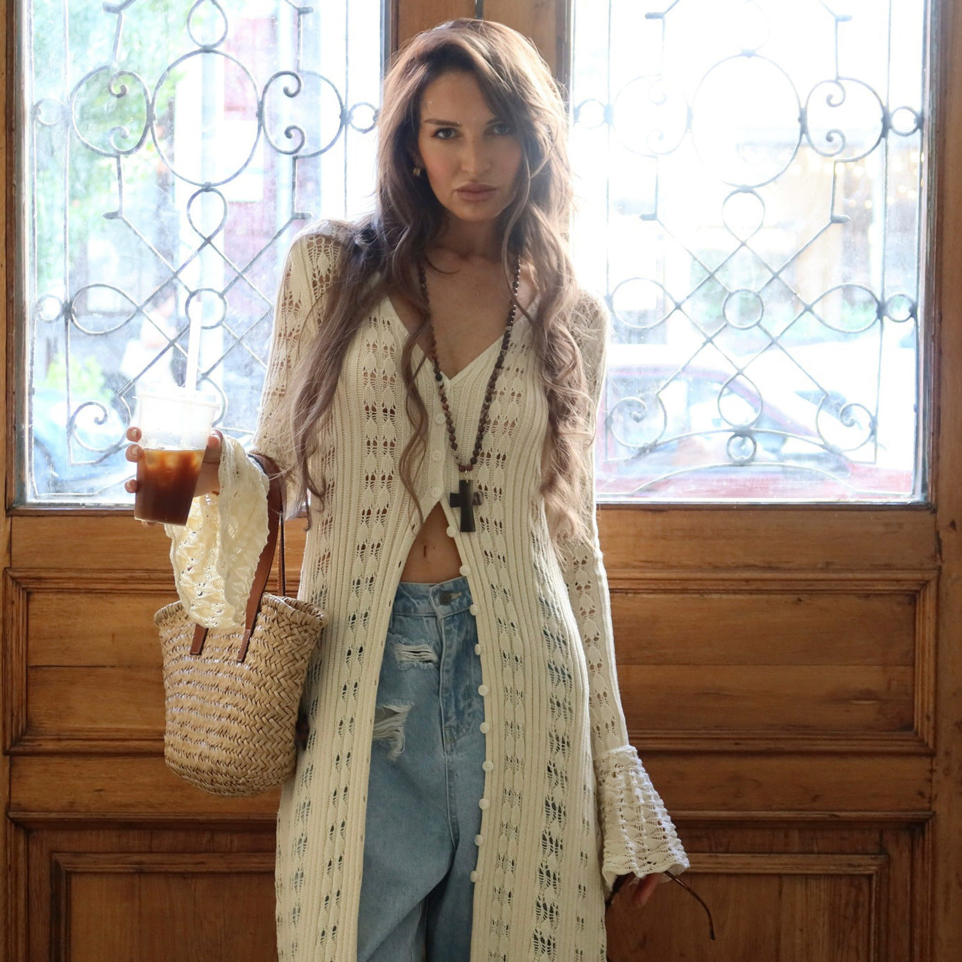 Long Hollow Knit Cardigan