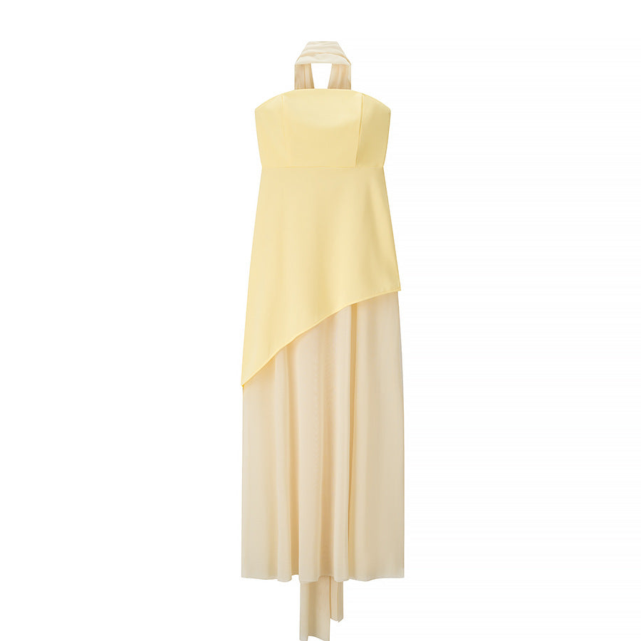 Women's Clothing Tube Top Mesh Splicing Hem Dress Sexy Solid Color