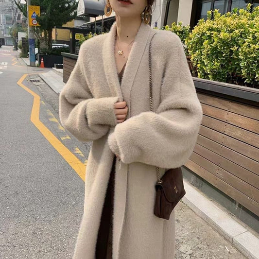 Autumn and winter thick loose cardigan mink fur medium long western-style sweater jacket lazy style long sleeved outer layer knit sweater