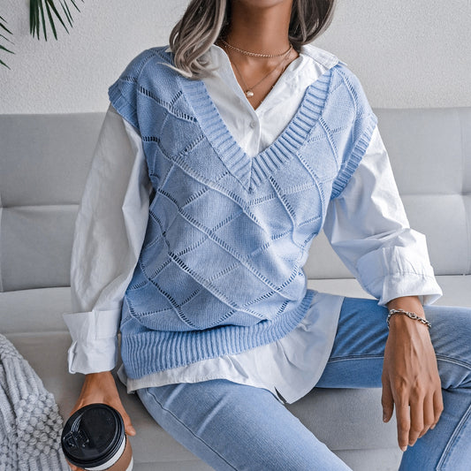 Women's V-neck Hollow Rhombus Casual Knitted Sweater Vest