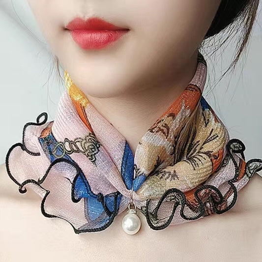 Printed Cute Decorative Scarf Lace Thin Pendant Small Silk Scarf