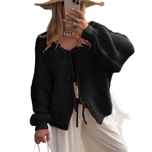 Women's Solid Color Casual Loose And Simple Lace-up Sweater Coat