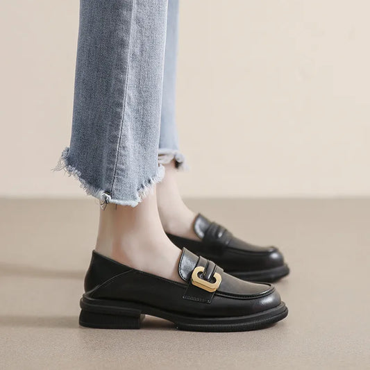 New autumn and winter one-step-on retro small leather shoes British style soft sole thick heel single shoes for women