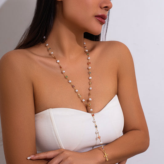 Sweet style pearl inlaid Y-shaped chain necklace, small fresh cross alloy collarbone chain