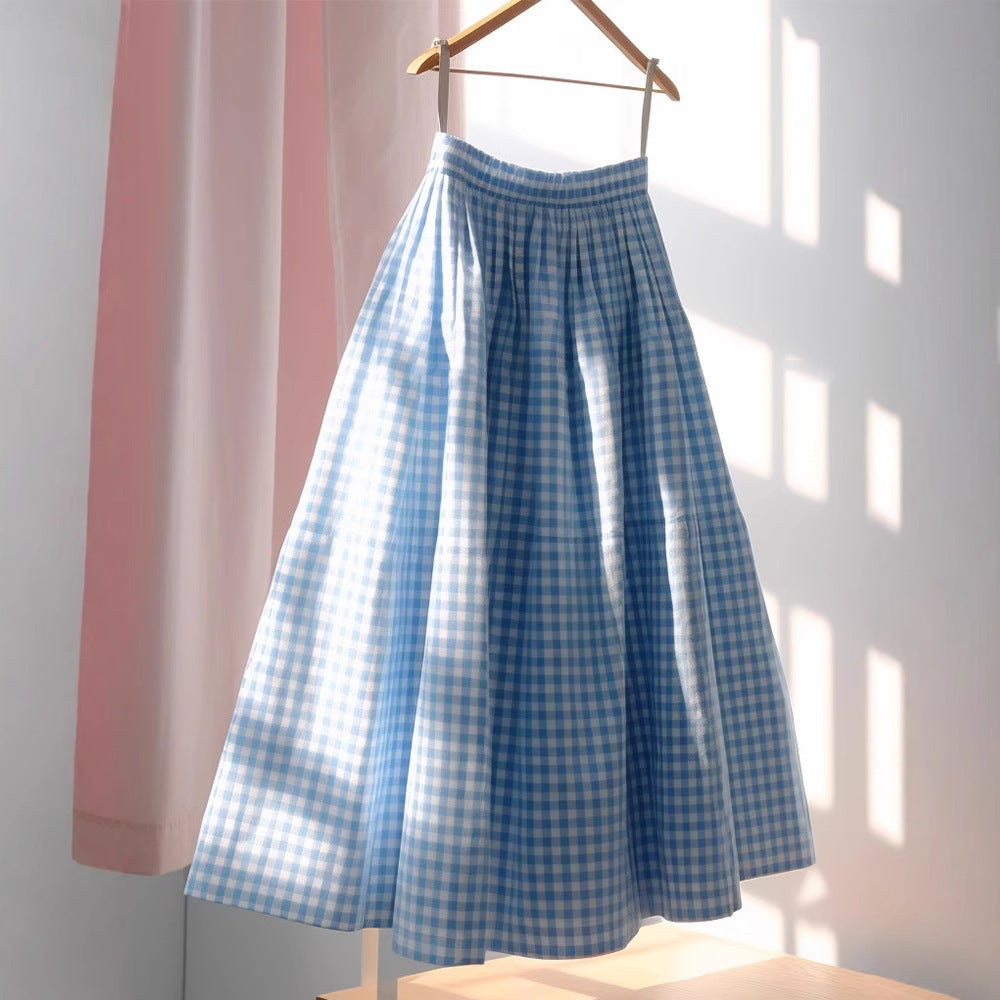 Women's Versatile French High Waisted A-line Plaid Linen Skirt