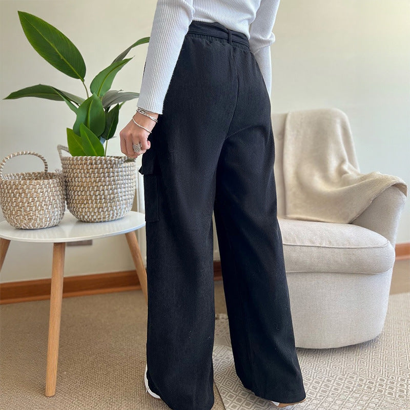 Women's Wide Leg Trousers with Belt Loose Solid Color Corduroy Pants