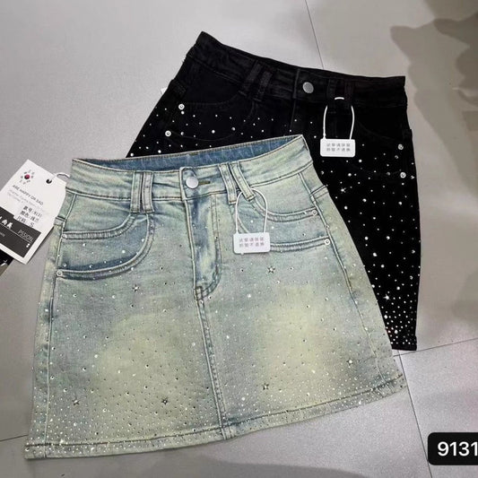 Retro Rhinestone Bright Star River Slim-fit Slimming Denim Skirt