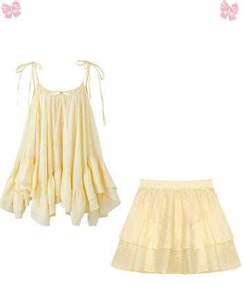 Seaside Vacation Style Irregular French Wave Ruffled Tied Top Mid-length Dress Set