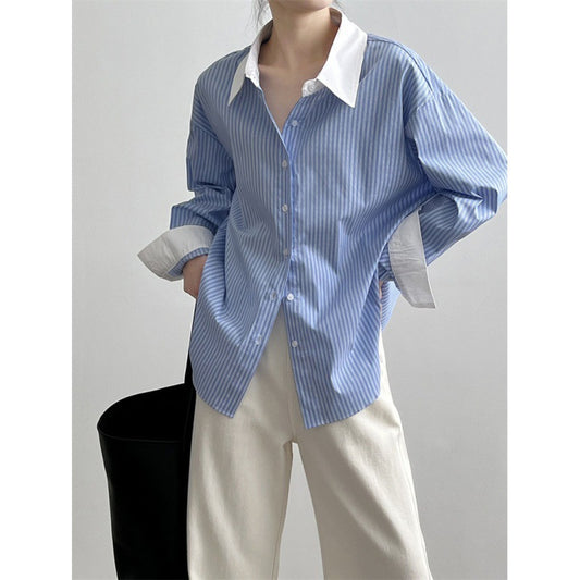 New Blue And White Striped Contrast Color Shirt For Women