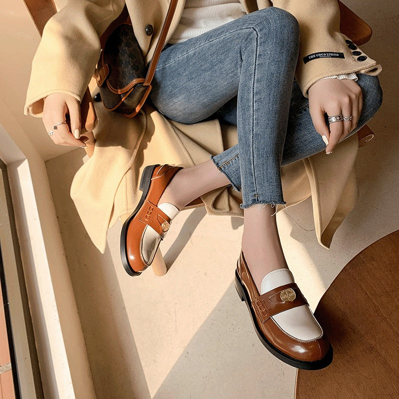 British style retro gold coin slip-on flat loafers casual fashion color matching round toe low heel single shoes