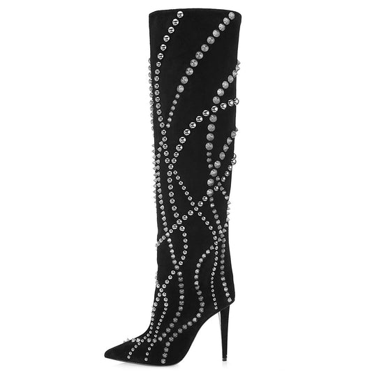 High heeled pointed rivet knee length boots