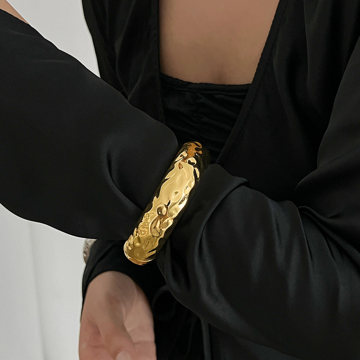 Golden Pleated Wide Cuff Bracelet