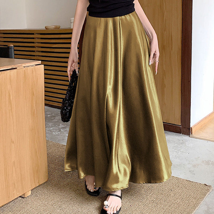 Women's Casual All-match Acetate Satin Draped Solid Skirt