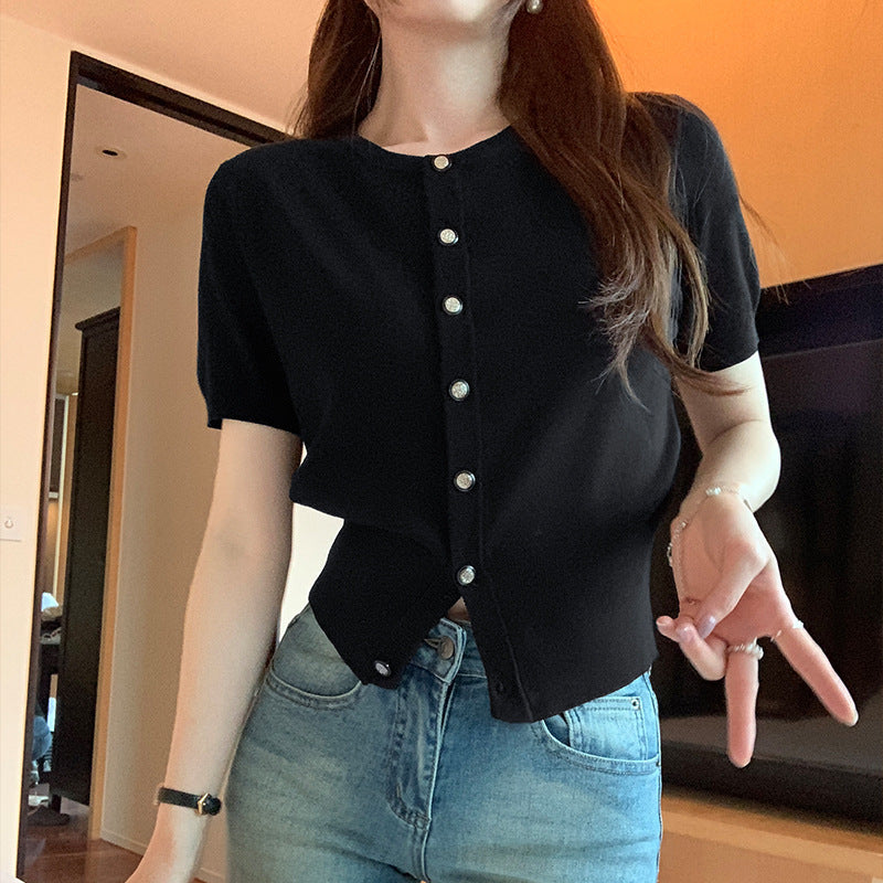 French Style Unique Temperament Crew Neck Short Sleeve Knitted Cardigan