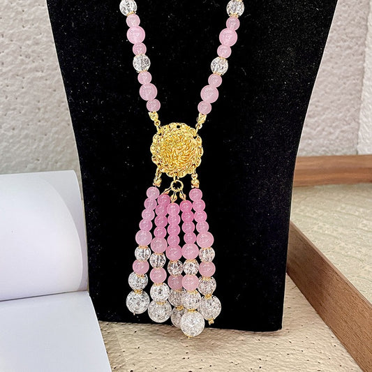 Retro pink ball bead tassel necklace crystal national style new Chinese sweater chain Hanfu cheongsam accessories