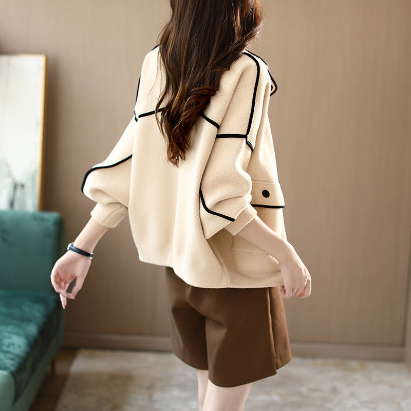 Short Woolen Coat with Zipper Pockets
