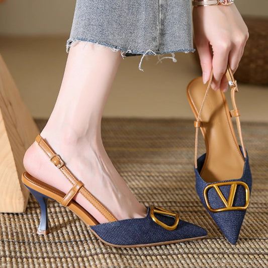 French Shallow Mouth Pointed Toe Stiletto Women's Denim High Heel Sandals Summer Breathable and Leg-lengthening
