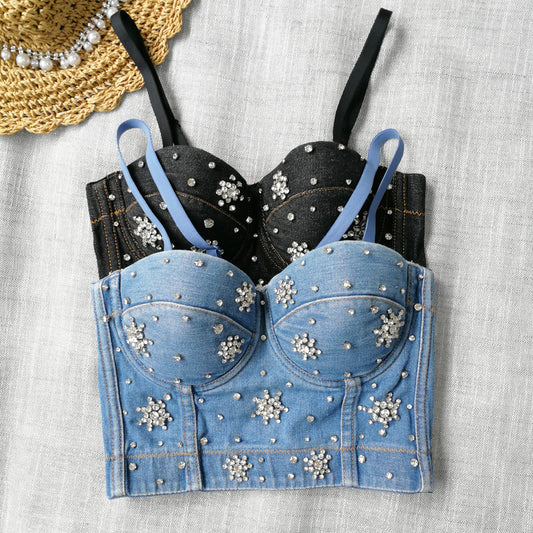 Denim Beaded Crop Top