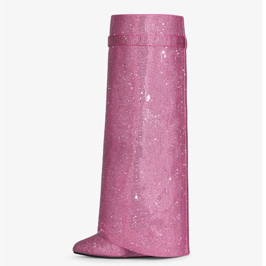 processing time:7-10 days after placing orders--Pink Rhinestone Round Toe Wedge Knee-High Boots Woman Winter Lock Silver Trouser Boot Female Fashion Luxury Shoes for Women