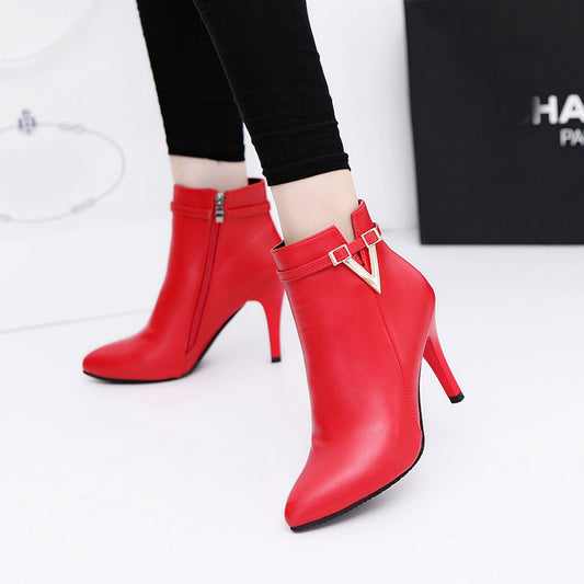 Botas Mujer Invierno 2021 Autumn Stiletto Thin High Heels Woman Pointed Toe Pu Leather Zipper Sexy Ankle Womens Boots A00339