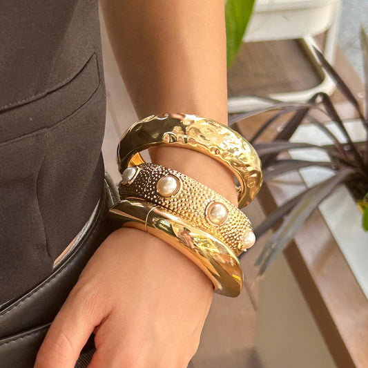 Golden Pleated Wide Cuff Bracelet