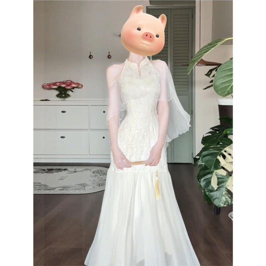 New Chinese Gentle Temperament Jacquard Sleeveless Halter Dress