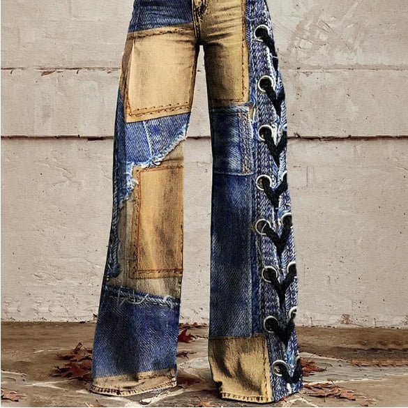 Ursime Patchwork Allover Pattern High Rise Wide Leg Pants