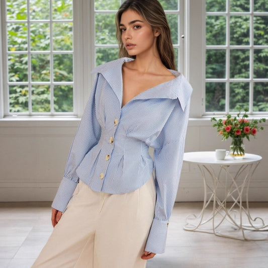 Waist-tight Fashion All-matching Striped Long-sleeved Top