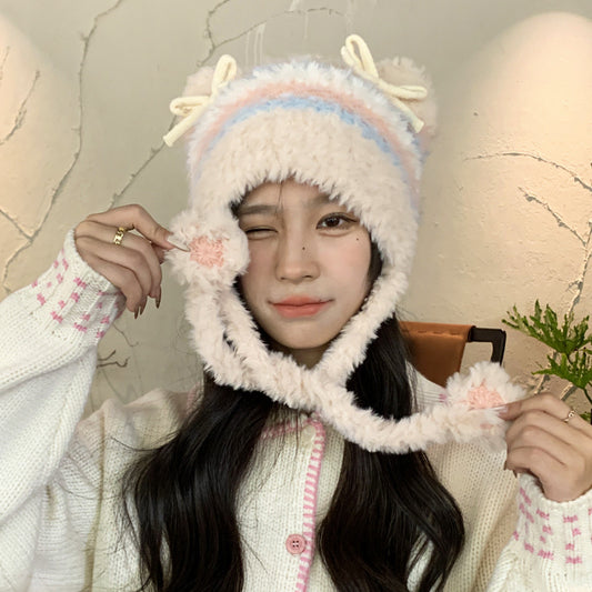 Fashion Striped Bow Plush Earmuffs Hat Women