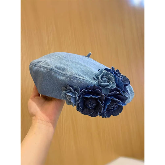 Japanese Minority Flowers Denim Beret
