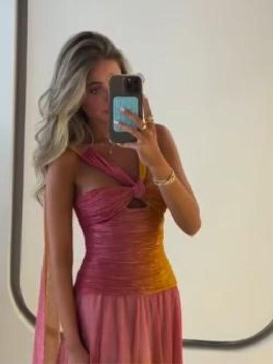 Gradient Printing Pleated Halter Lace-up Waist-tight Short Top Skirt