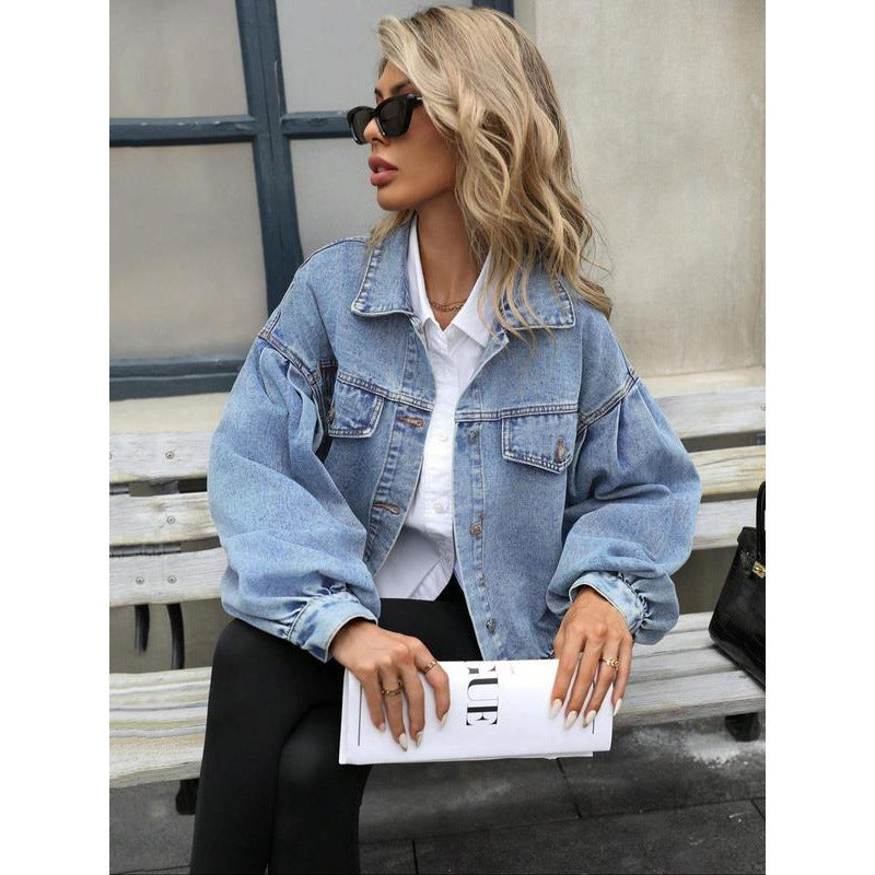 Women's Embossed Denim Jacket Fashion Casual Long Sleeve