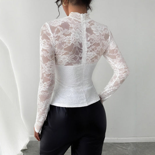 European And American Style Lace Stitching Back Long-sleeve Zipper Slim Fit Slimming Top Women