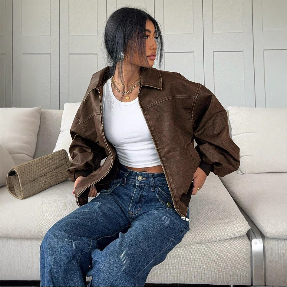 American-style Distressed Long Sleeve Leather Jacket Top