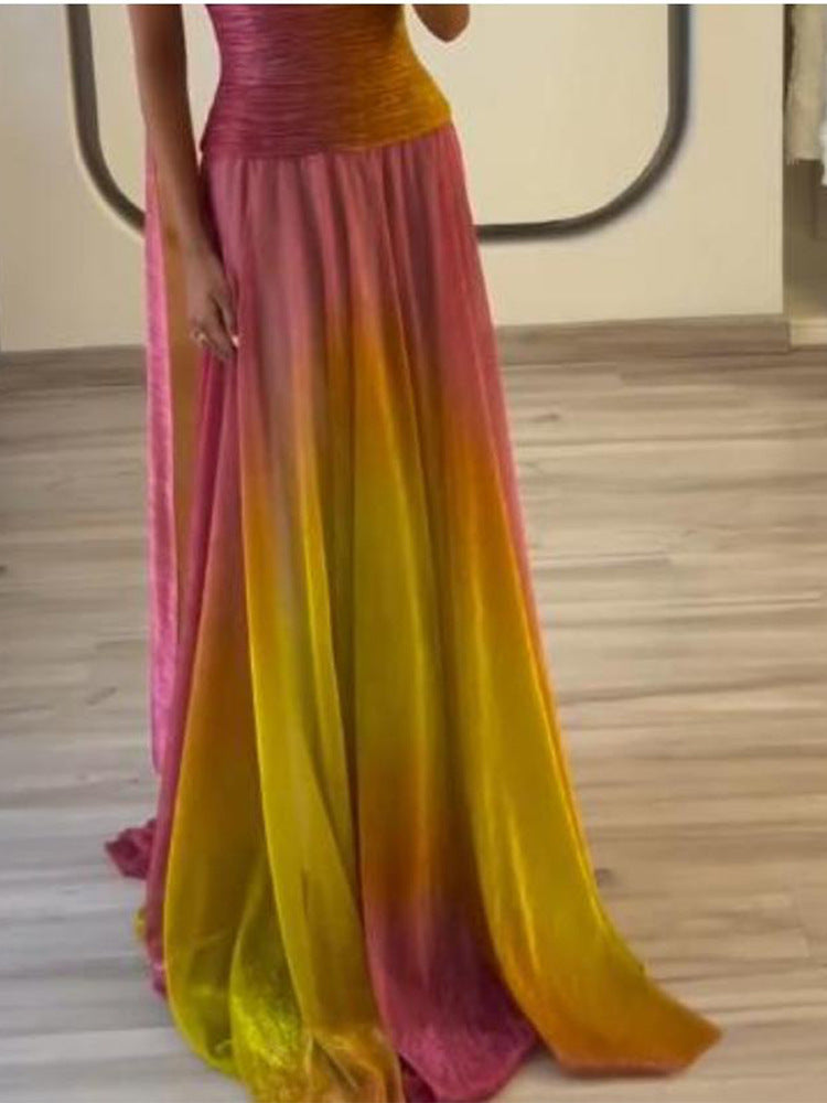 Gradient Printing Pleated Halter Lace-up Waist-tight Short Top Skirt