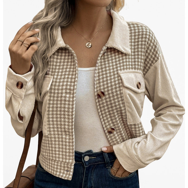 Corduroy Stitching Brushed Houndstooth Coat Women