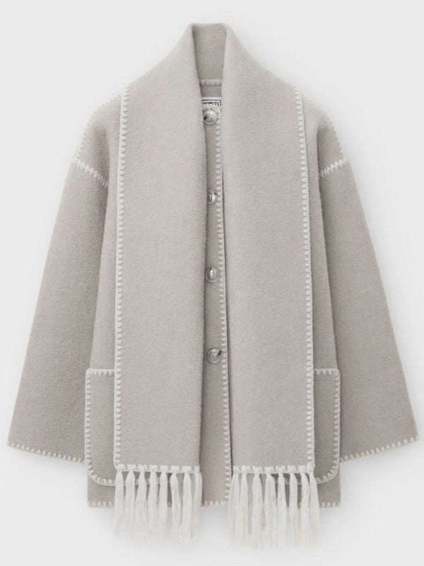 Woolen coat with scarf tassels