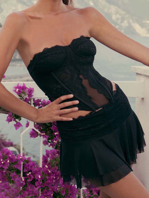 Lace See-Through Top & Skirt Set