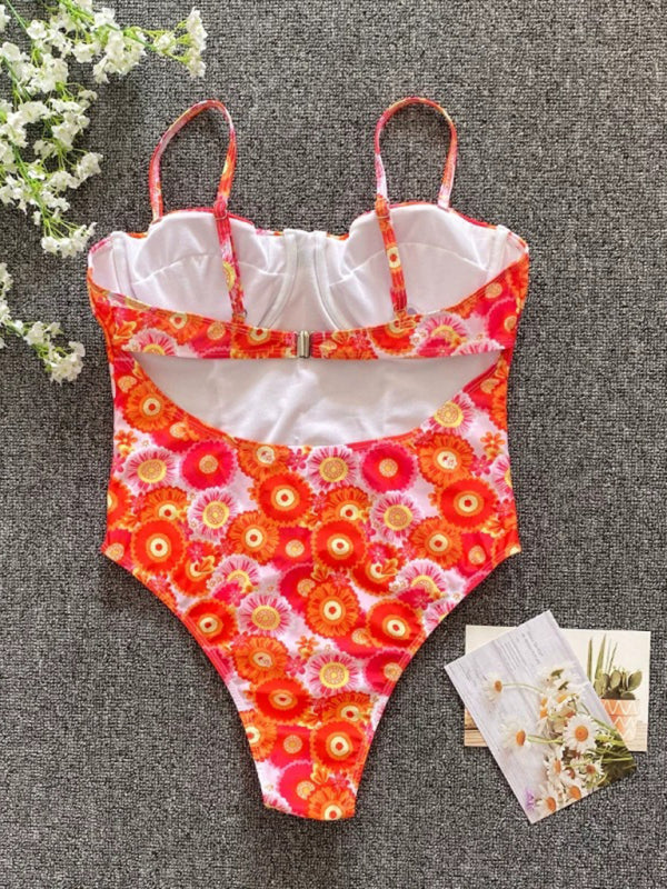 New flower one-piece low cut swimsuit