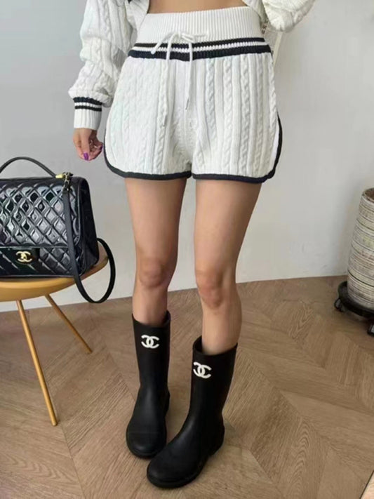 Women's Twist Knit Sweater Large Lapel Short High Waist Drawstring Waist Contrast Color Trim Suit