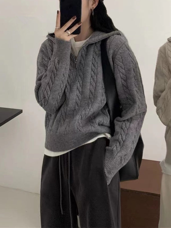 Women's casual zipper twist pullover sweater