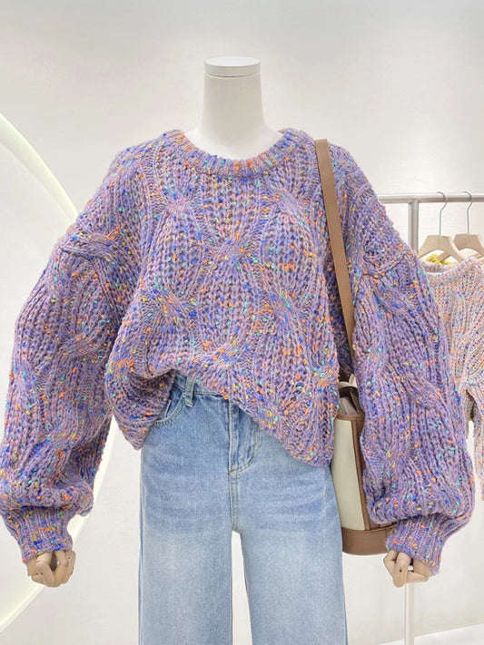 Women's color block loose twist crew neck sweater