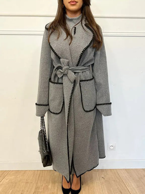 Women's new long-sleeved lapel wool lace-up coat