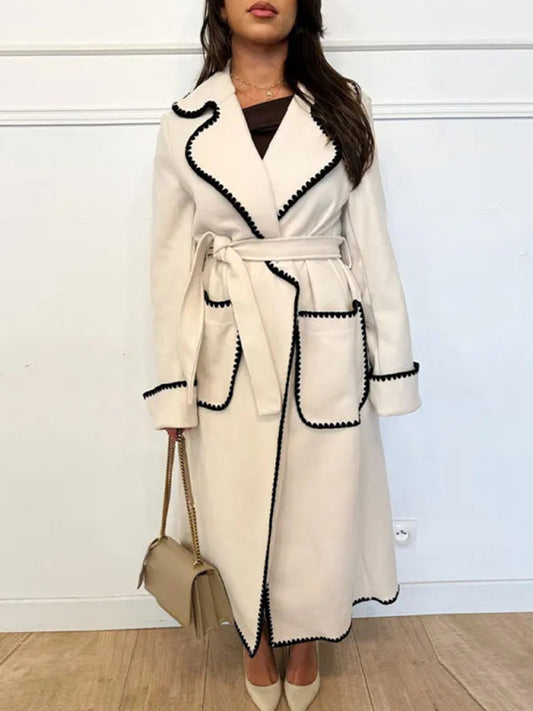Women's new long-sleeved lapel wool lace-up coat