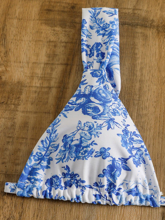 Women's flower print suspenders sexy lace-up two-piece bikini