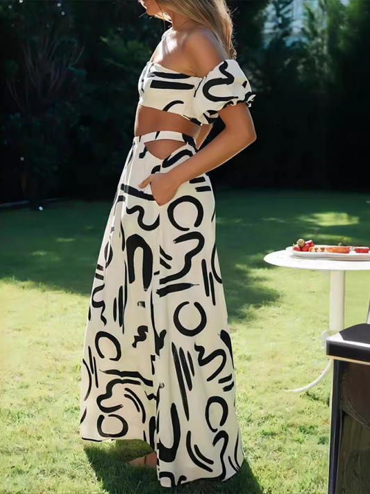 Puff Sleeve Top & Hollow Split Skirt Set