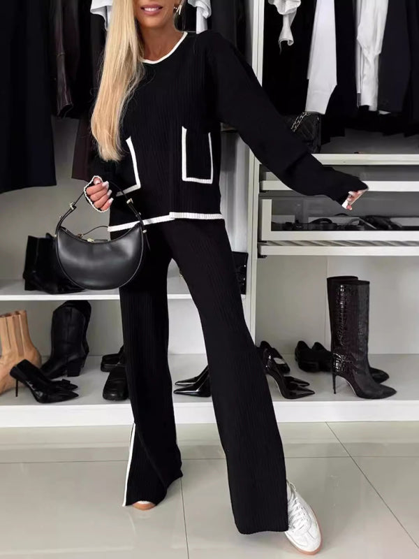 Women's casual suit color matching pocket top wide leg pants two piece set