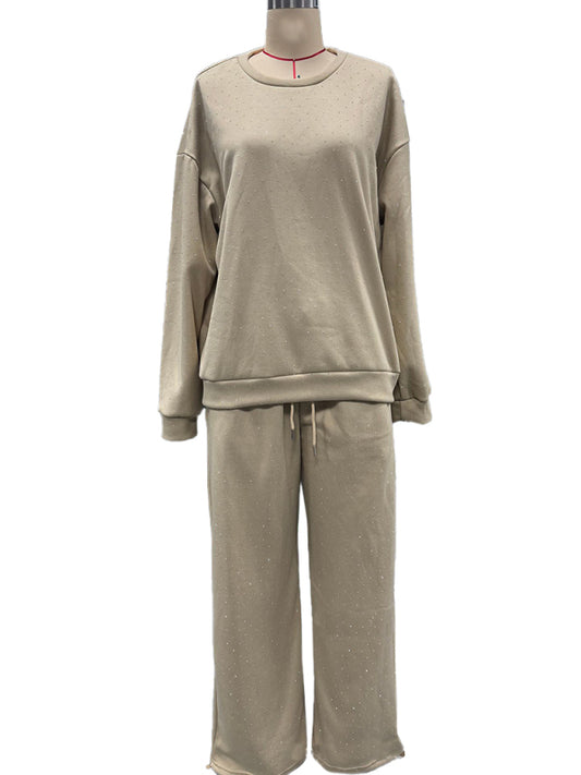 Women's casual round neck long sleeve full body hot diamond drawstring ankle two piece suit