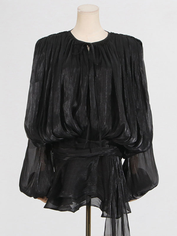 Hollow Pleated Ribbon Dress